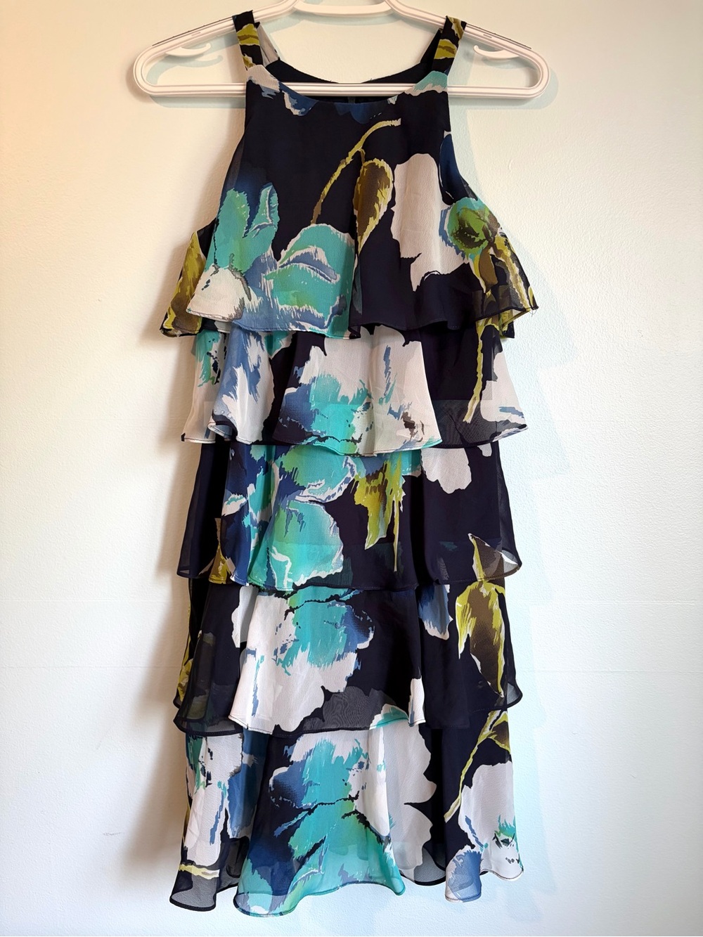 Laura Petites Tiered Floral Ruffle Dress in Navy with Teal, Lime & White Accents